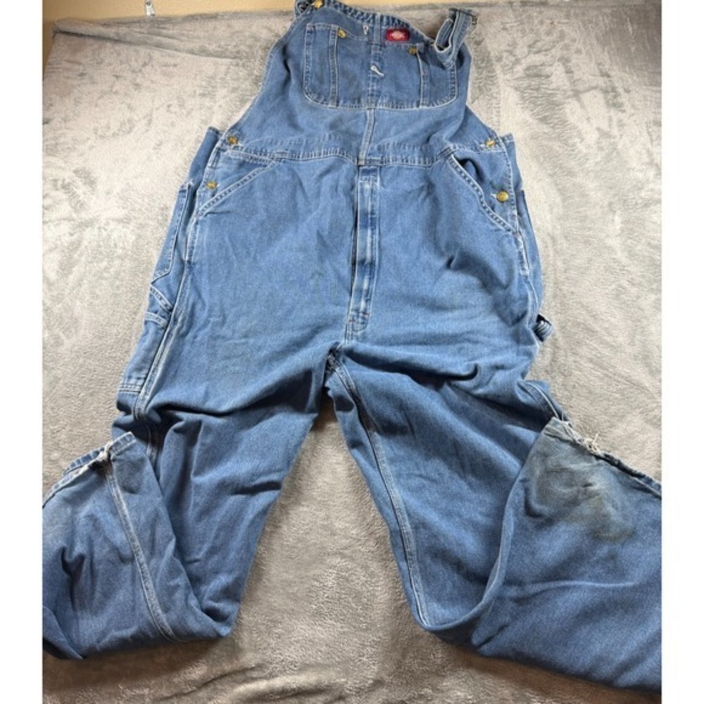 Dickies Blue Denim Bib Overalls 42x32 Carpenter Workwear Distressed Grunge
